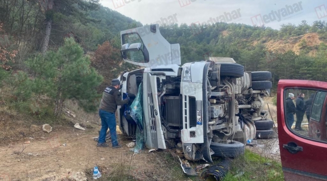 Geyve Soğuksu'da yem yüklü TIR devrildi