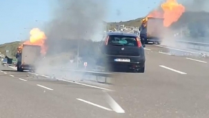 TIR alevler içinde kilometrelerce ilerledi! Kuzey Marmara Otoyolu korku dolu anlar